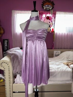 Lilac Satin Strapless Pleated Dress with Long Sash Scarf